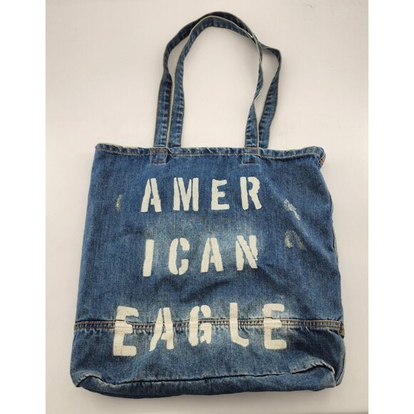 American Eagle Denim Tote Bag Blue Reusable Shopping Top Handle Y2K Distressed - Picture 1 of 13